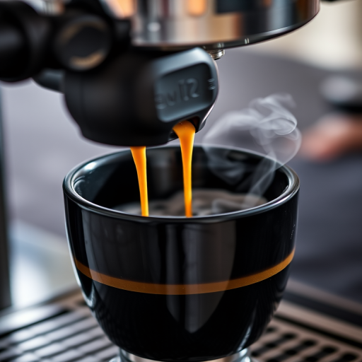 high-quality close-up of espresso being brewed into a black cup with steam rising, 50mm lens, aperture f/1.8, shutter speed 1/200s, ISO 400, natural lighting, DSLR camera, professional photography style