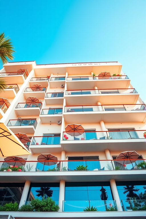 modern hotel building with balconies and umbrellas, clear blue sky, shot with a DSLR camera at f/8, ISO 200, 1/100s, using a wide-angle lens from a low angle for dynamic perspective, high resolution, vibrant colors