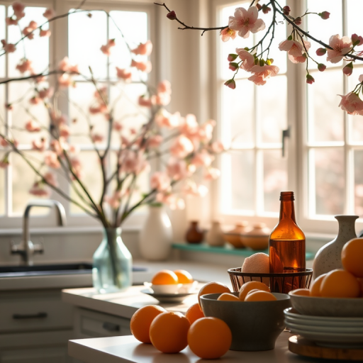 Create a vibrant kitchen scene with sunlight streaming through large windows adorned with blooming cherry branches, featuring a countertop with fresh oranges, glass bottles, and rustic dishware, using a DSLR camera with a 50mm lens, aperture set to f/2.8 for soft background blur, ISO 100 for optimal light sensitivity, and a shallow depth of field to enhance the focus on the foreground elements.