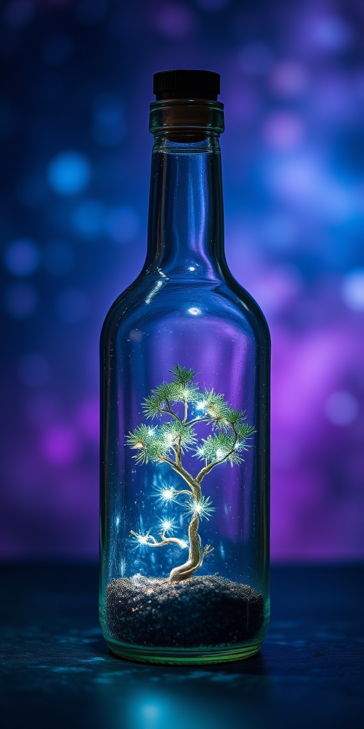 Create an ethereal scene featuring a glowing glass bottle containing a small tree, set against a cosmic background with vibrant purples and blues, using a Canon EOS R5 with a 50mm f/1.2 lens at f/1.2, ISO 100, and a shutter speed of 1/125 sec, in a macro photography style to enhance detail and clarity.