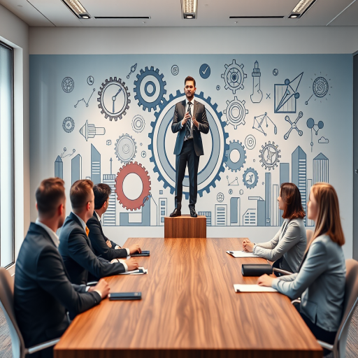 Create an image of a business meeting scene with a confident speaker standing on a box in front of an illustrated backdrop of gears and business concepts, surrounded by attentive colleagues seated at a meeting table, in a modern office setting, using a Canon EOS R5 with a 24-70mm f/2.8 lens at f/4, ISO 100, 1/125 sec, wide-angle view, soft lighting for a professional atmosphere.