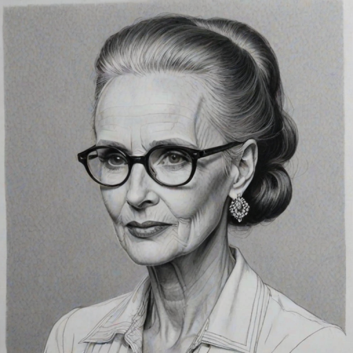 Fascinating Jessica Tandy, pencil sketch, portrait of Appealing woman 1971s in glasses, hair style beatnik, outline, clear lines, fine lines, 8k