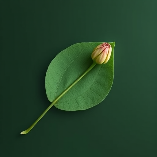 create a minimalist botanical illustration of a leaf and flower bud on a dark green background, using a macro lens with an aperture of f/2.8, ISO 100, shot from a top-down view, in a high-resolution digital format to enhance image quality