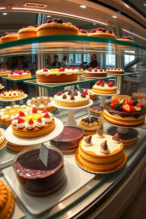 Display case filled with assorted desserts and cakes, natural light, wide-angle lens, f/4 aperture, ISO 200, shutter speed 1/125 sec, taken with a DSLR camera.