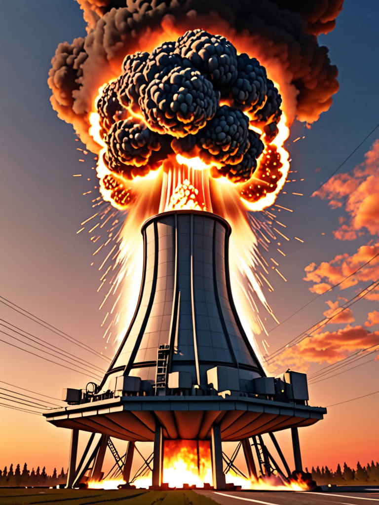 Reactor Exploding Generate an exploding RBMK nuclear reactor at sunset, focus on ...