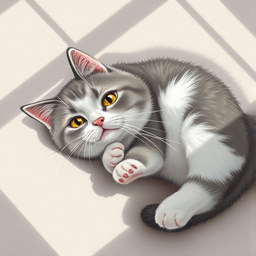 Create a high-resolution digital illustration of a gray and white cat lounging, using a 50mm lens, aperture f/2.8, ISO 100, soft natural lighting, and a top-down angle for a contemporary art style.