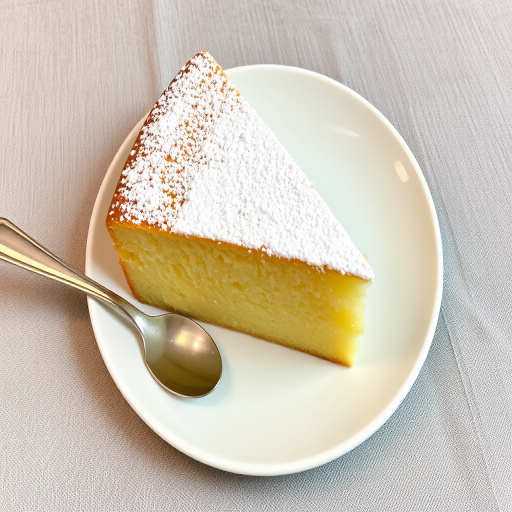 A slice of light and fluffy yellow cake on a white plate dusted with powdered sugar served with a silver spoon on a gray linen tablecloth.