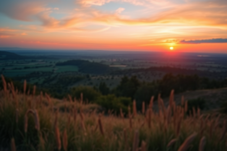 Create a high-resolution image of a serene landscape at sunset with vibrant colors, use a Canon EOS R5 camera, set aperture to f/8, shutter speed to 1/125s, ISO 200, and capture from a wide-angle perspective with a soft focus background.