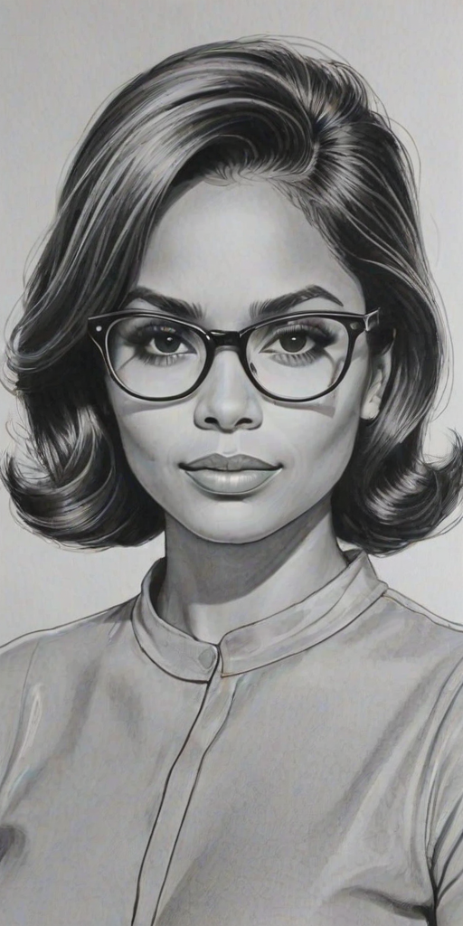 Gorgeous Monica Raymund, pencil sketch, portrait of Beauteous woman 1960s in glasses, hair style beatnik, outline, clear lines, fine lines, 8k