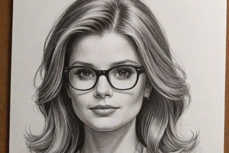 Comely Joanna Garcia Swisher, pencil sketch, portrait of Magnificent woman 1980s in glasses, hair style beatnik, outline, clear lines, fine lines, 8k