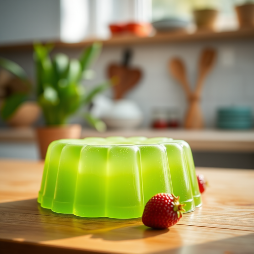 create a high-resolution image of a smooth green jelly mold in a bright, well-lit kitchen setting using a DSLR camera with a 50mm lens, aperture f/2.8, ISO 100, and a shallow depth of field to emphasize texture and color.