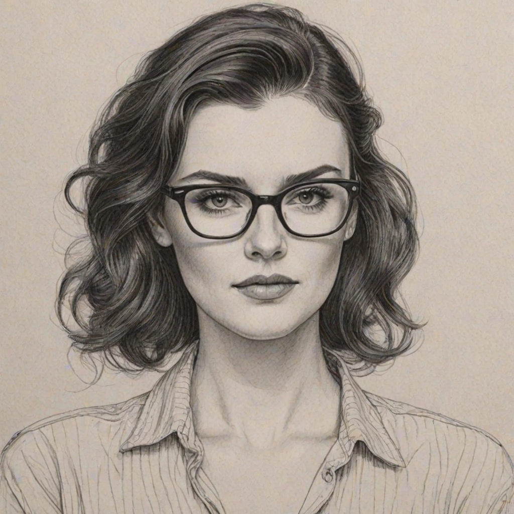 Gorgeous Aisling Bea, pencil sketch, portrait of Attractive woman 1947s in glasses, hair style beatnik, outline, clear lines, fine lines, 8k