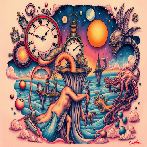 Surrealist tattoo named "Dreamscape Fusion" depicting a seamless blend of contrasting elements such as melting clocks floating islands and morphing creatures in a mind-bending technicolor landscape