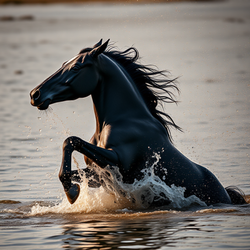 Create a high-resolution image of a powerful black horse rearing in water, splashing golden droplets around, using a DSLR camera with a 50mm lens at f/1.8, ISO 100, shutter speed 1/200s, in a low angle perspective to emphasize motion and drama, with natural lighting to enhance reflections and details.