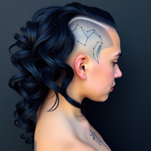 Deep indigo waves cascading down one side with the opposite half shaved and adorned with constellation tattoos, embodying celestial mystery named Stargazer's Mane
