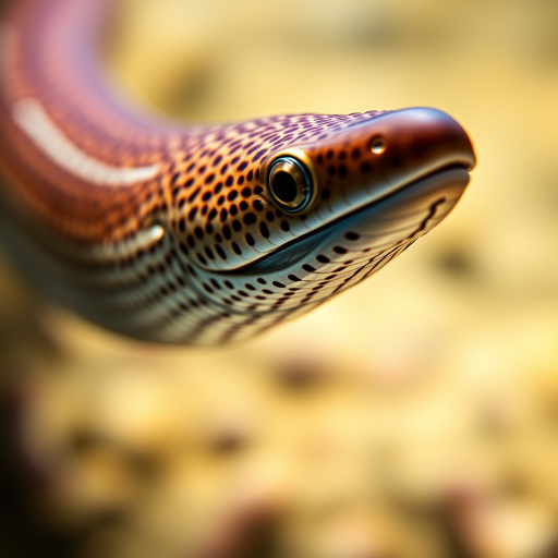 Create a detailed illustration of an eel swimming underwater, using a Canon EOS R5 with a 100mm macro lens, f/4 aperture, ISO 200, and a shallow depth of field to enhance image clarity and focus on the eel's texture while softly blurring the background.