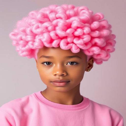 Playful bubblegum pink afro named "Cotton Candy Cloud" shaped into a perfect sphere, showcasing springy coils and a gradient effect fading to pastel pink edges