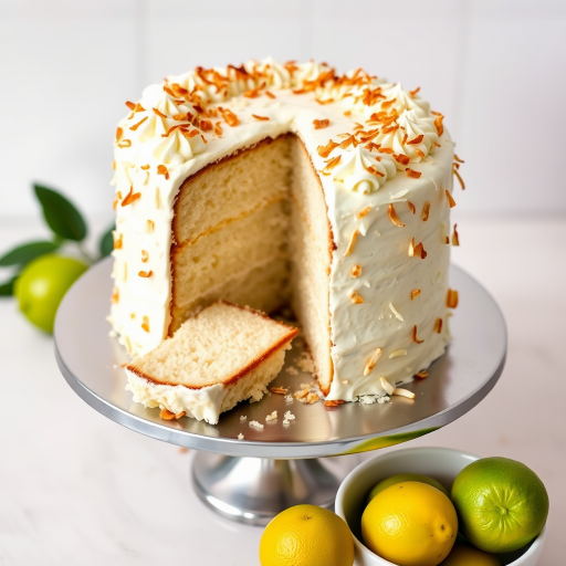 A beautifully decorated coconut cake with a slice cut out, topped with toasted coconut flakes and white frosting, displayed on a silver cake stand, with fresh limes in a bowl beside it and a light neutral background.