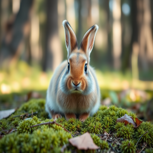 A cute rabbit with fluffy fur sitting on moss in a forest setting, soft natural lighting, shallow depth of field, 50mm lens, f/1.8 aperture, ISO 200, DSLR camera, vibrant colors and sharp details.