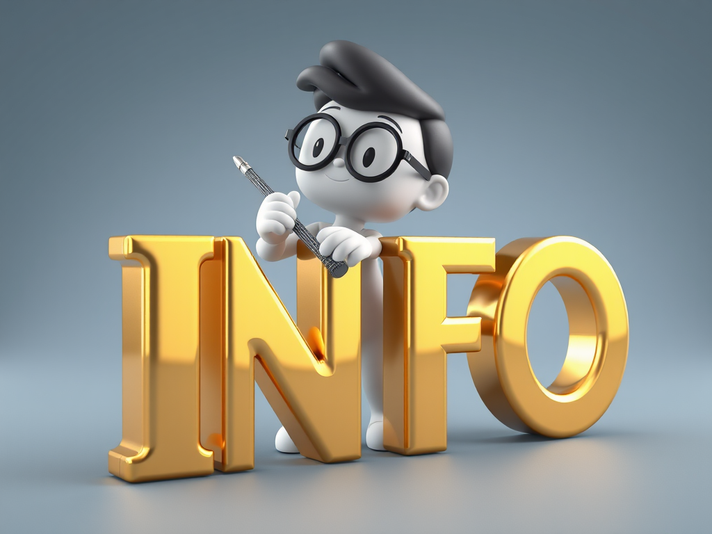 Create a 3D rendering of a stylized character polishing shiny gold letters that spell "INFO" with one letter partially removed, using a Canon EOS R5 with a 50mm f/1.2 lens at ISO 100, aperture f/2.8, and a soft focus background for enhanced depth.
