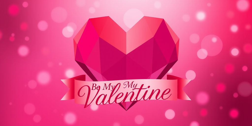 Create a vibrant and romantic graphic featuring a geometric heart in shades of pink and red, surrounded by a soft, dreamy gradient background with sparkling lights, add a banner with the text "Be My Valentine" in an elegant font, shot with a 50mm lens at f/1.8, ISO 100, and a soft focus style, using a digital camera.