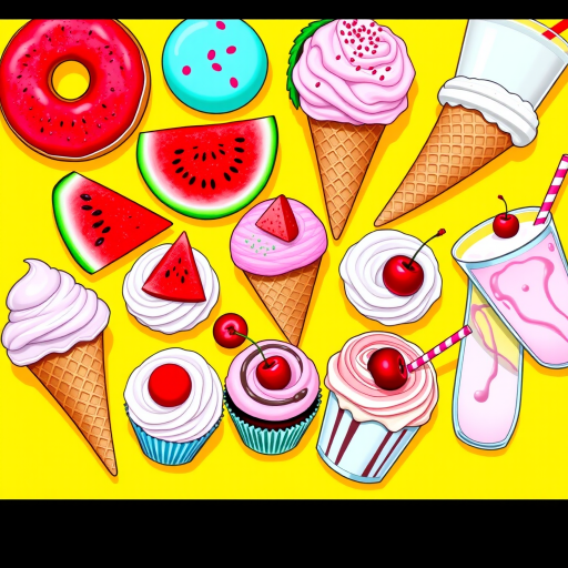 Create a vibrant illustration of assorted desserts including a donut, watermelon slices, ice cream cones, cupcakes with frosting, cherries, and milkshakes arranged on a bright yellow background, using an 85mm lens with f/2.8 aperture, ISO 100, and soft natural lighting to enhance colors and details.