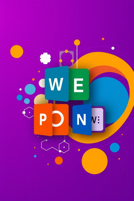 Create a colorful abstract design featuring stylized icons for Microsoft Office applications such as Word, Excel, PowerPoint, and OneNote, using a vibrant purple background, high resolution 300 DPI, ISO 100, f/5.6 aperture, 50mm lens, overhead view, digital art style.