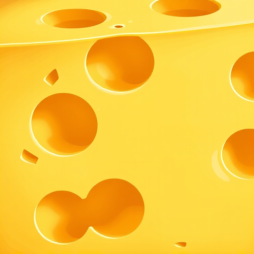 Create an illustration of a slice of Swiss cheese with visible holes, using a digital art style, 300 DPI resolution, close-up view, warm lighting, and vibrant colors, with a focus on texture and detail.