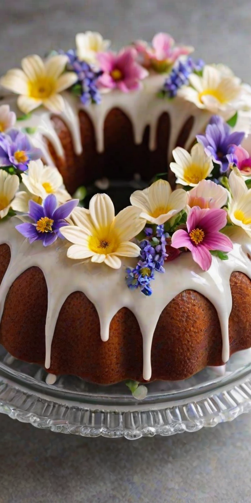 Create an image of a beautifully decorated bundt cake topped with a light glaze and adorned with edible flowers. The cake should be displayed on a clear glass plate with a few flowers scattered around. The background should be bright and inviting, highlighting the cake's texture and colors.