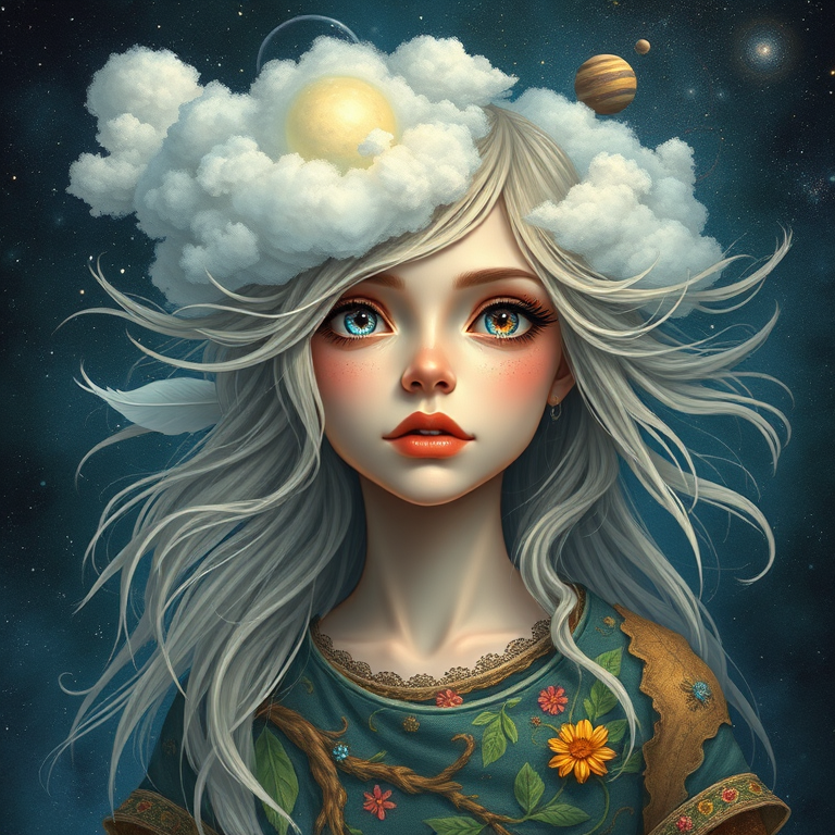 Create a series of imaginative portraits where each subject is infused with elements of fantasy and nature. The hair of the individuals should flow like clouds, varying from soft, fluffy cumulus to wispy cirrus strands, with hints of color reflecting a sunset or a clear blue sky. The eyes should be windows to entire galaxies, with stars, nebulae, and distant planets visible within them. Clothing should be adorned with nature motifs, such as floral patterns that bloom and change, vines that seem to grow and wrap around, or feathers that shimmer with iridescence. Each portrait should capture a unique personality, blending human features with the ethereal beauty of the natural and cosmic world. The backgrounds can vary, from starry night skies to enchanted forests, adding depth and context to the magical realism of the portraits
