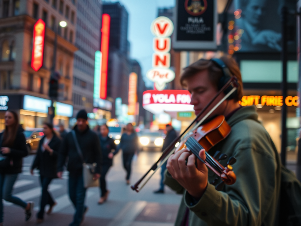 Blurry candid shot of a street musician playing a violin on a busy city corner at dusk, soft light from neon signs reflecting off nearby buildings, with passersby softly blurred in motion.