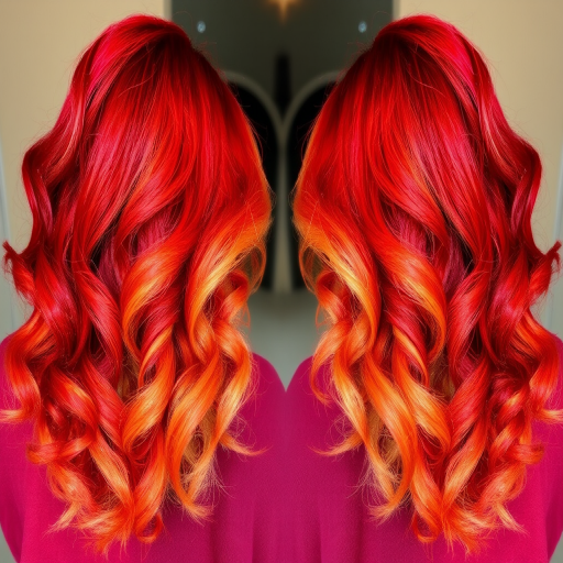 Fiery phoenix ombre blends scarlet roots into golden tips, styled in voluminous curls that seem to dance like flames, embodying the spirit of rebirth