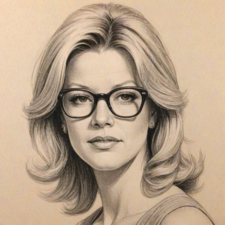 Enticing Barbara Niven, pencil sketch, portrait of Fetching woman 1970s in glasses, hair style beatnik, outline, clear lines, fine lines, 8k