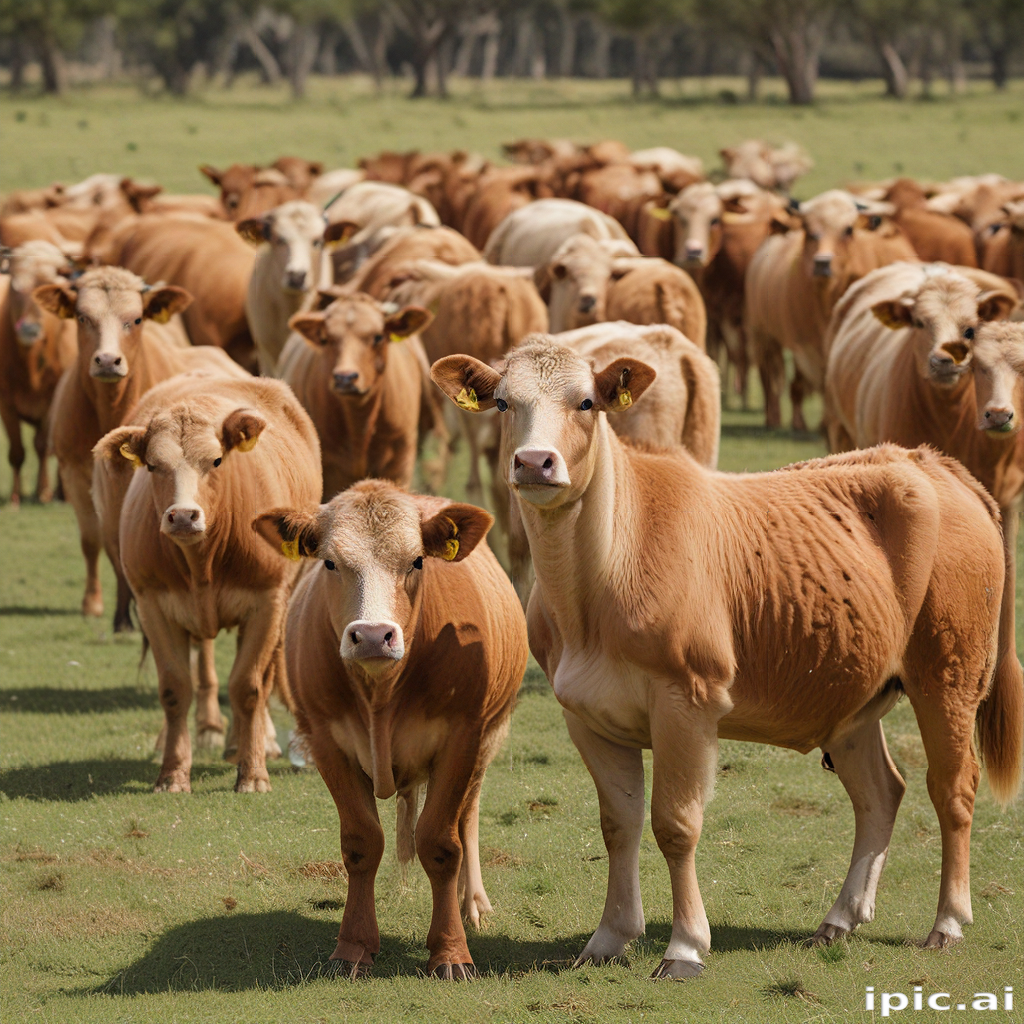 A Herd of Brown and White Cows Grazing in a Green Pasture.