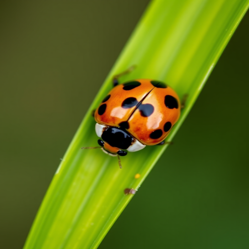 Close-up shot of a ladybug on a green leaf with sharp focus, using a macro lens, aperture set to f/5.6, shutter speed 1/200s, ISO 100, natural light, top-down view, DSLR camera.