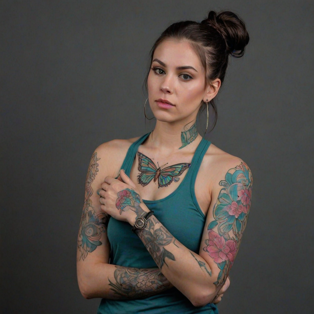 A portrait of a young woman with long dark hair tied up in a bun, with pink streaks, and intricate shaved designs. She is wearing a teal tank top and has a large butterfly tattoo across her chest and multiple colorful floral tattoos on her arms. The woman is looking off to the side, slightly tilted, her right arm is crossed over her chest, and her left hand is resting on her upper arm. The lighting is soft and warm, highlighting the details of the tattoos. The background is a simple, dark gray, providing a neutral backdrop for the subject. The photo has a natural, relaxed feel and a slightly artistic, moody atmosphere.  She is wearing several silver rings and bracelets on her arms, and a pair of long silver dangle earrings with red accents.  Her face is slightly shadowed, giving a soft and alluring feel.  The composition is centered on the woman, who is positioned against a dark background, the emphasis is on her tattoos and the subtle expression on her face.