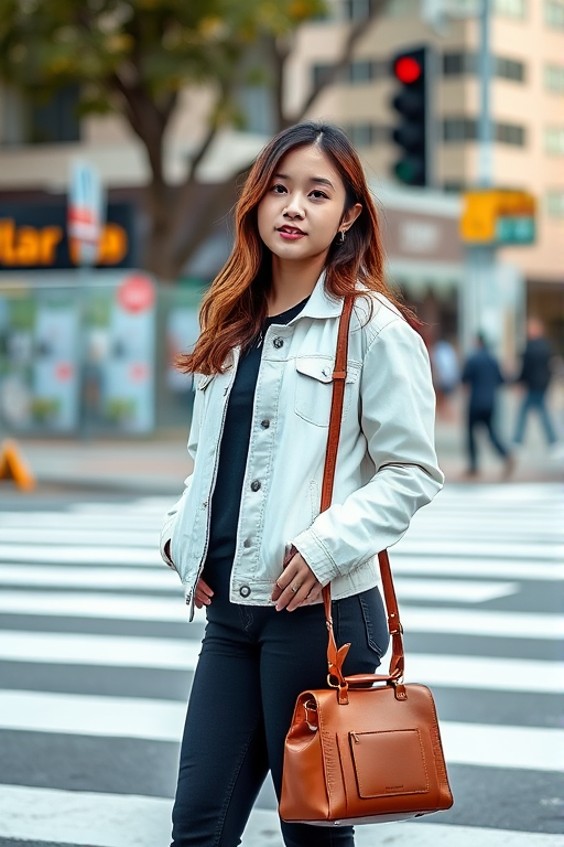 A young woman in a white jacket and black jeans standing at a crosswalk with a brown bag, urban setting, natural lighting, aperture f/2.8, ISO 100, shutter speed 1/500 sec, portrait orientation, DSLR camera, shallow depth of field.