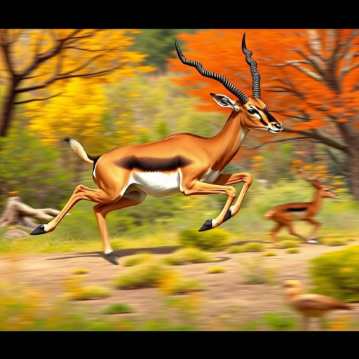 Create a detailed illustration of a sprinting antelope in a vibrant natural setting, focusing on dynamic movement and anatomical accuracy, with a DSLR camera at f/2.8 aperture, 1/1000 shutter speed, 50mm lens, shot from a low angle to emphasize speed and grace.