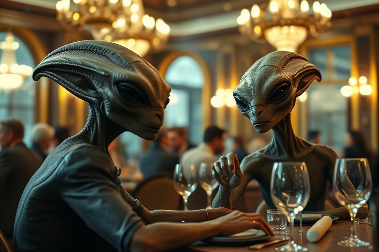 alien creatures dining in an opulent restaurant, elegant attire, detailed facial features, soft lighting, 50mm lens, f/1.8 aperture, ISO 200, shallow depth of field, cinematic style, DSLR camera