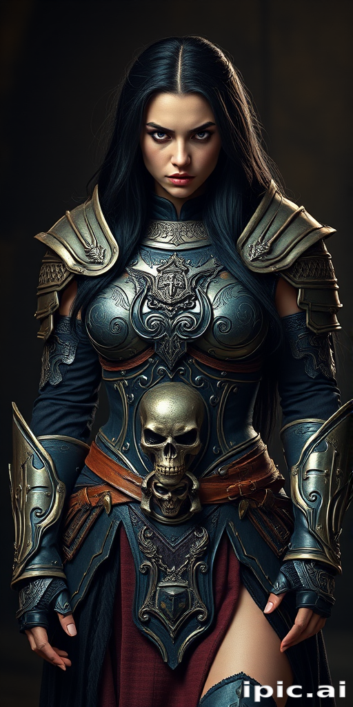 Create a photo of a fierce female warrior with long black hair, wearing an ornate, metallic armor. The armor includes a breastplate with intricate designs, shoulder guards, and gauntlets. The breastplate is decorated with a central emblem, possibly representing a mythical symbol, and has a sculpted, form-fitting design. She wears a belt with a large skull ornament at the center, and her armor extends into a partial skirt, revealing one leg. The overall look is both protective and stylish, with a dark, gothic aesthetic. The background is dimly lit, suggesting a medieval or fantasy setting, enhancing the warrior's imposing presence and intense expression.