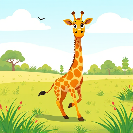 Create a vibrant and playful illustration of a cartoon giraffe standing in an animated grassy field, using a DSLR camera with a 35mm lens, aperture f/2.8, shutter speed 1/250s, and ISO 200 for enhanced clarity and color richness.