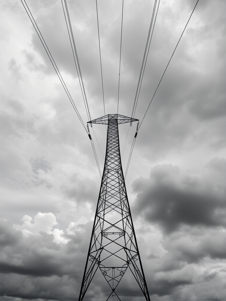 a low-angle view of a high voltage power line tower against a dramatic cloudy sky, monochrome, ISO 100, f/8, 1/250s, 24mm lens, shot with a DSLR camera