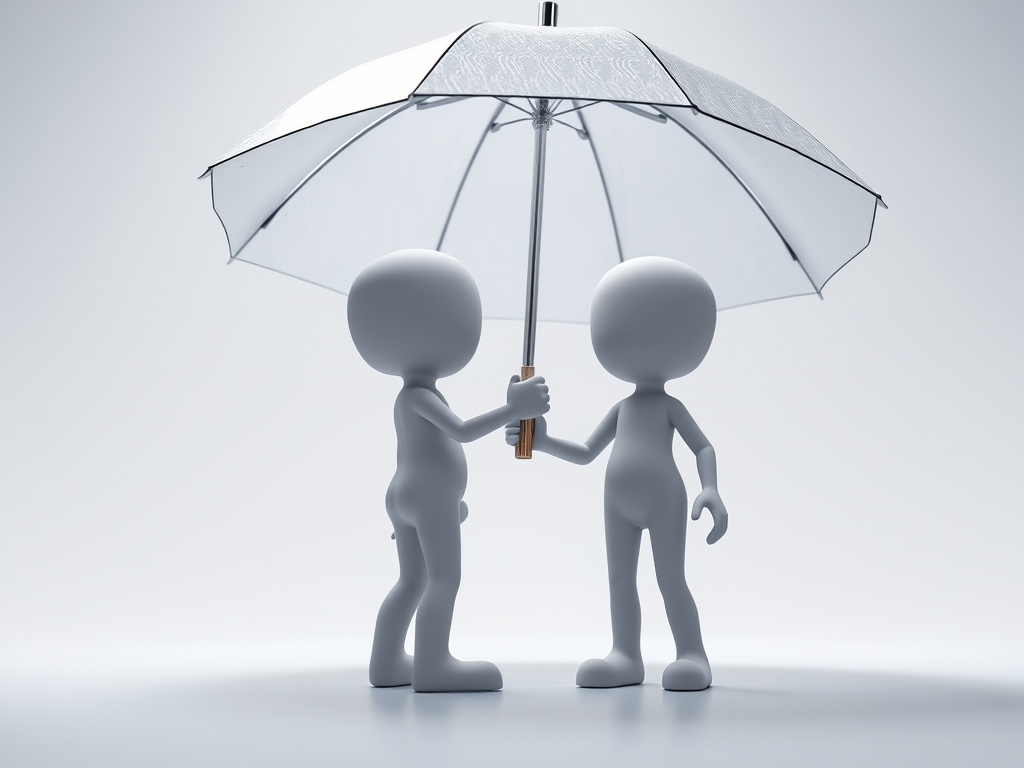 Create a 3D rendering of two stylized humanoid figures holding hands under a large umbrella, soft diffused lighting, high-resolution, 35mm lens, f/2.8 aperture, 24 fps, shot from a slightly low angle to emphasize the figures, crisp details and smooth textures.