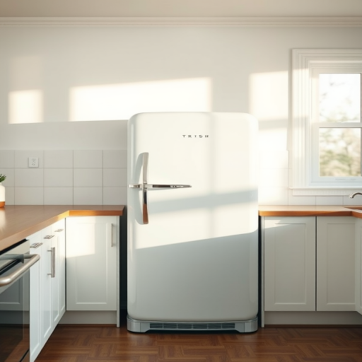 Regenerate an image of a vintage refrigerator in a minimalist kitchen setting with soft natural lighting, use a DSLR camera, aperture f/2.8, shutter speed 1/60s, ISO 200, taken from a three-quarter view, and ensure high-resolution quality.