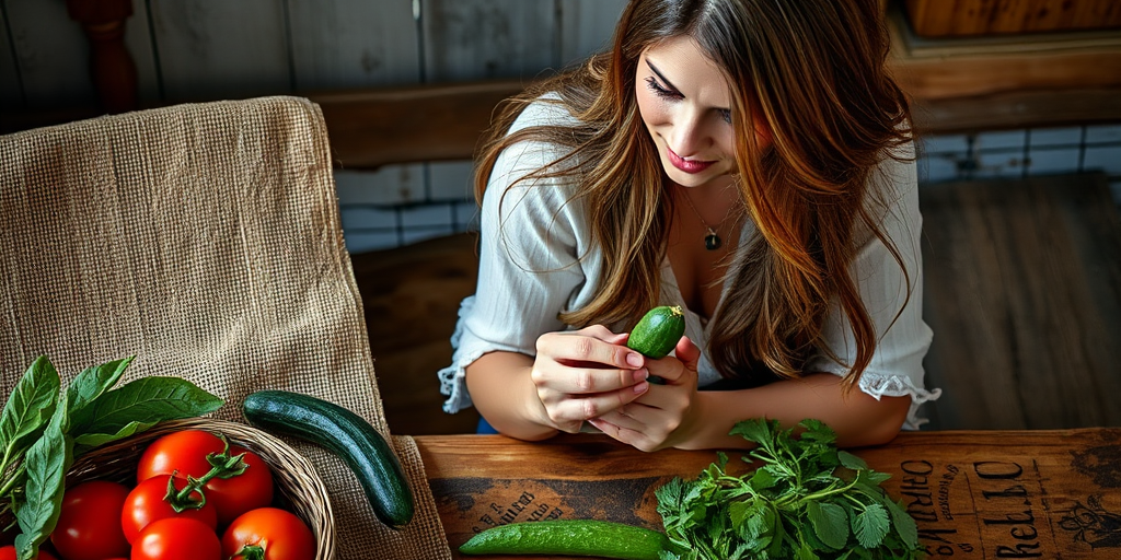 Regenerate an image of a woman with long hair sitting beside a rustic table covered in burlap, holding a cucumber, surrounded by fresh vegetables like tomatoes and green herbs, using a DSLR camera with a 50mm lens, aperture set at f/1.8, ISO 100, soft studio lighting, and a shallow depth of field to create a dramatic focus effect.