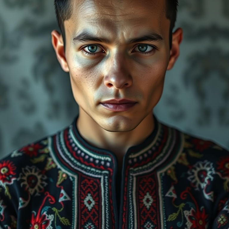 Face, shoulders, chest covered in openwork Tajik embroidery. Raw, unedited image.