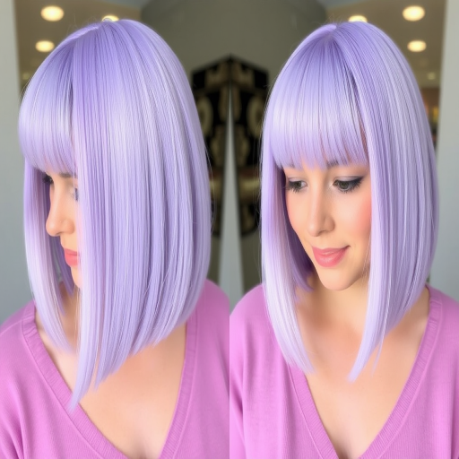 Pastel lavender bob with blunt ends and micro bangs, named "Lilac Dream," featuring a smooth, glass-like texture and hidden peek-a-boo panels of periwinkle underneath