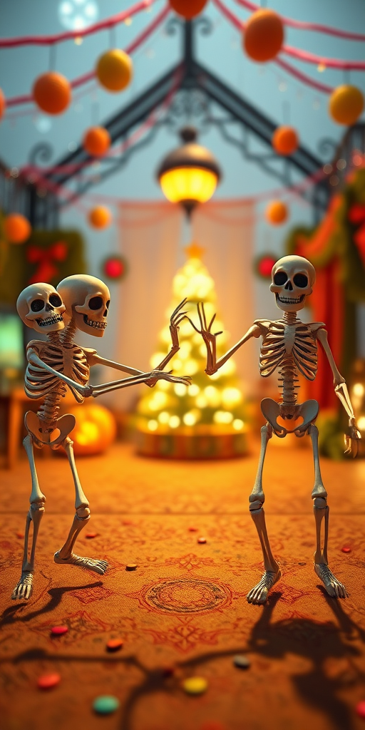Generate an animated scene of four playful skeletons dancing in a festive setting, high resolution, 50mm lens, f/2.8 aperture, ISO 200, wide-angle view, with vibrant colors and dynamic motion.