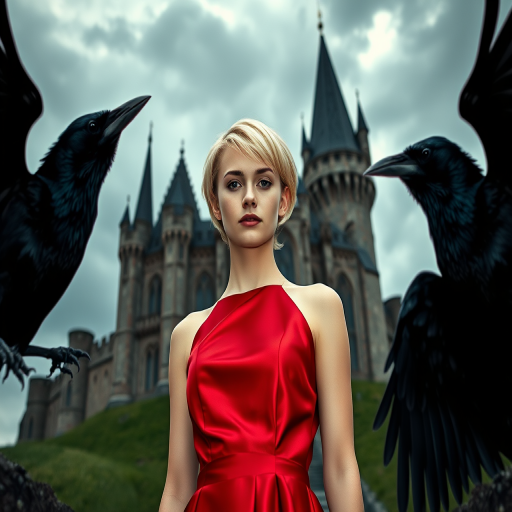 Young woman with short blonde hair wearing a red satin dress standing between two black crows in front of a gothic castle under a dramatic sky, shot with a Canon EOS R5 at f/1.8, ISO 100, 50mm lens, natural lighting, portrait style.