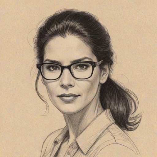 Bewitching Patricia Velasquez, pencil sketch, portrait of Splendid woman 1935s in glasses, hair style beatnik, outline, clear lines, fine lines, 8k